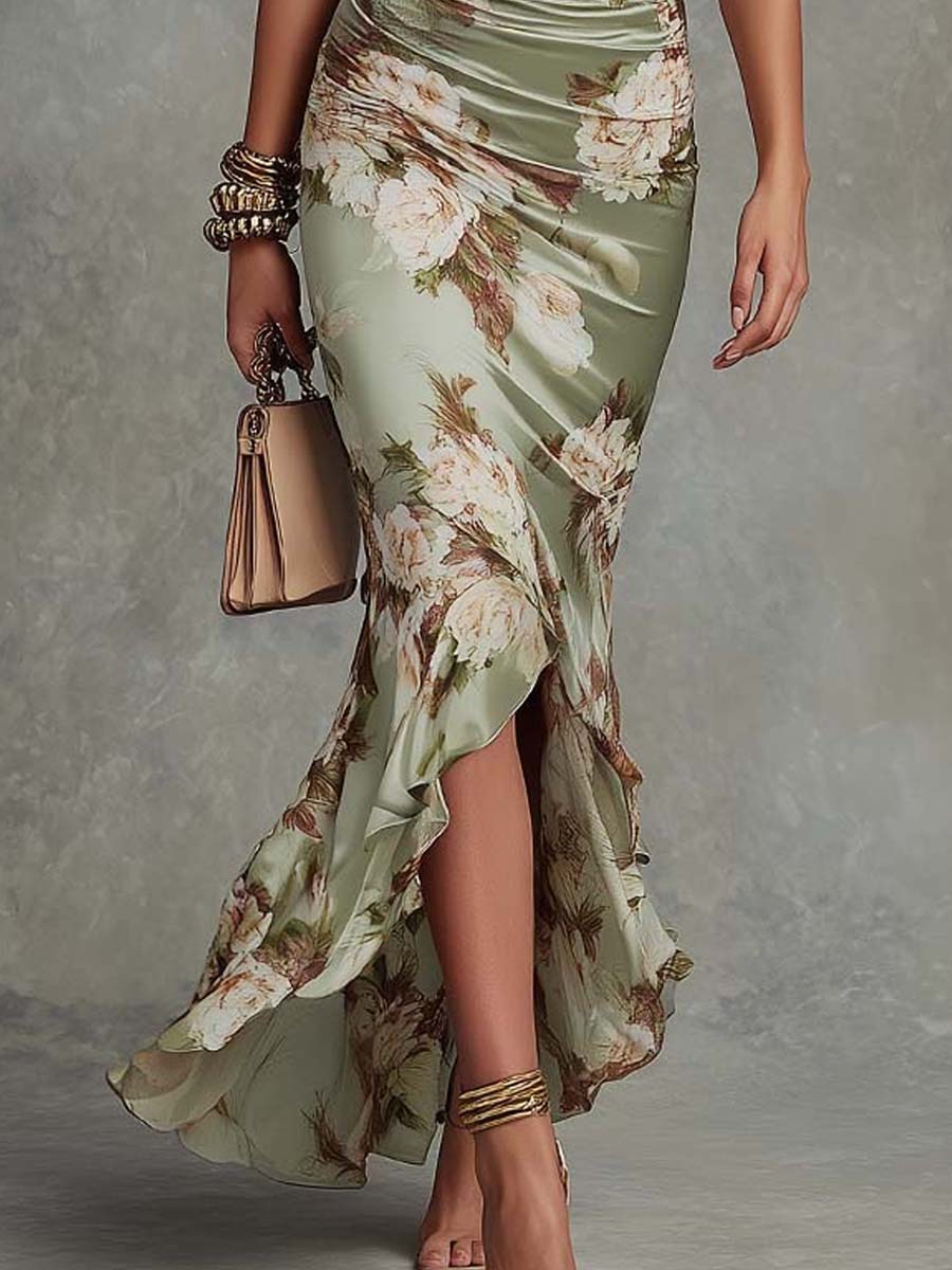 Vestido Largo Asimétrico de Satén Verde con Escote en V