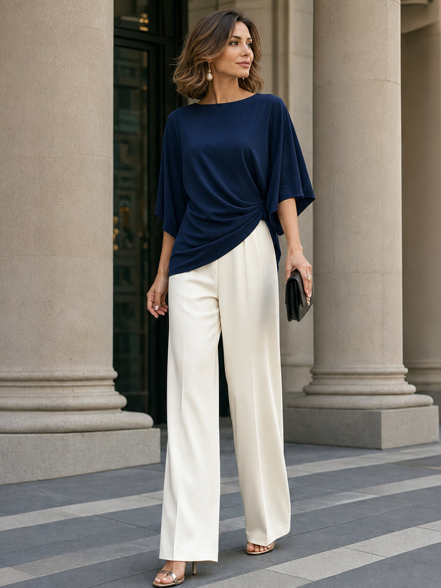 Conjunto de blusa drapeada y pantalones de pierna ancha