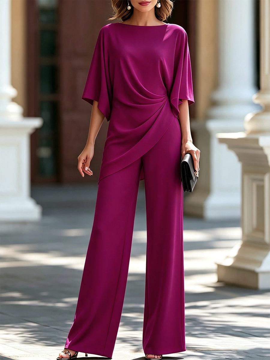 Conjunto de blusa drapeada y pantalones de pierna ancha