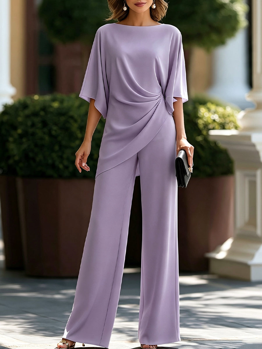 Conjunto de blusa drapeada y pantalones de pierna ancha