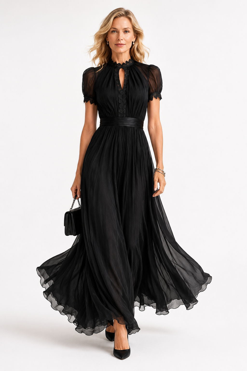 Vestido Largo Negro con Escote Tipo Lágrima y Ribete de Encaje