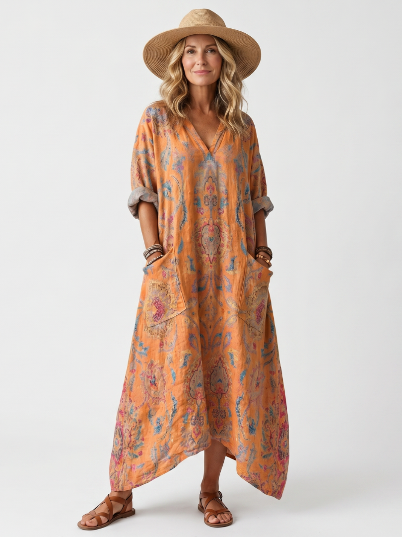 Vestido midi oversize estampado con cuello de solapa y bolsillos