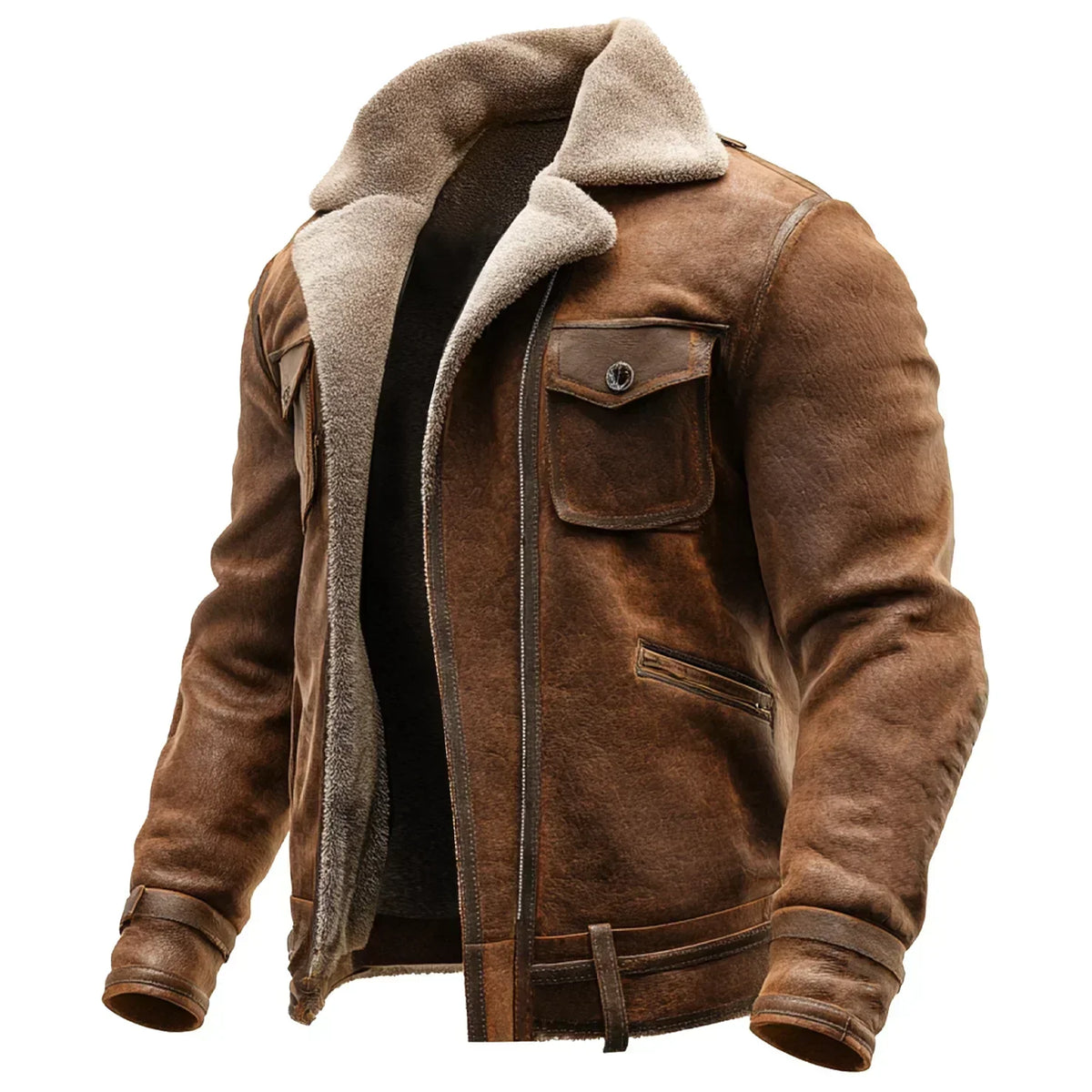 Chaqueta de Cuero Marrón Vintage con Forro de Piel Sintética