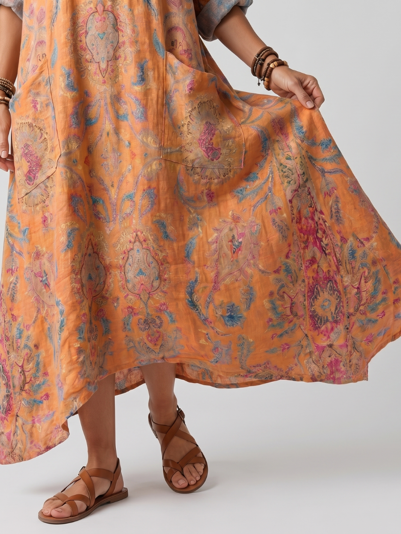 Vestido midi oversize estampado con cuello de solapa y bolsillos