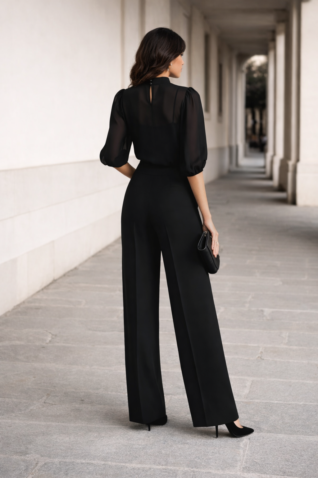 Conjunto de Tres Piezas Compuesto por una Camisola Transparente y Pantalones de Pierna Ancha.