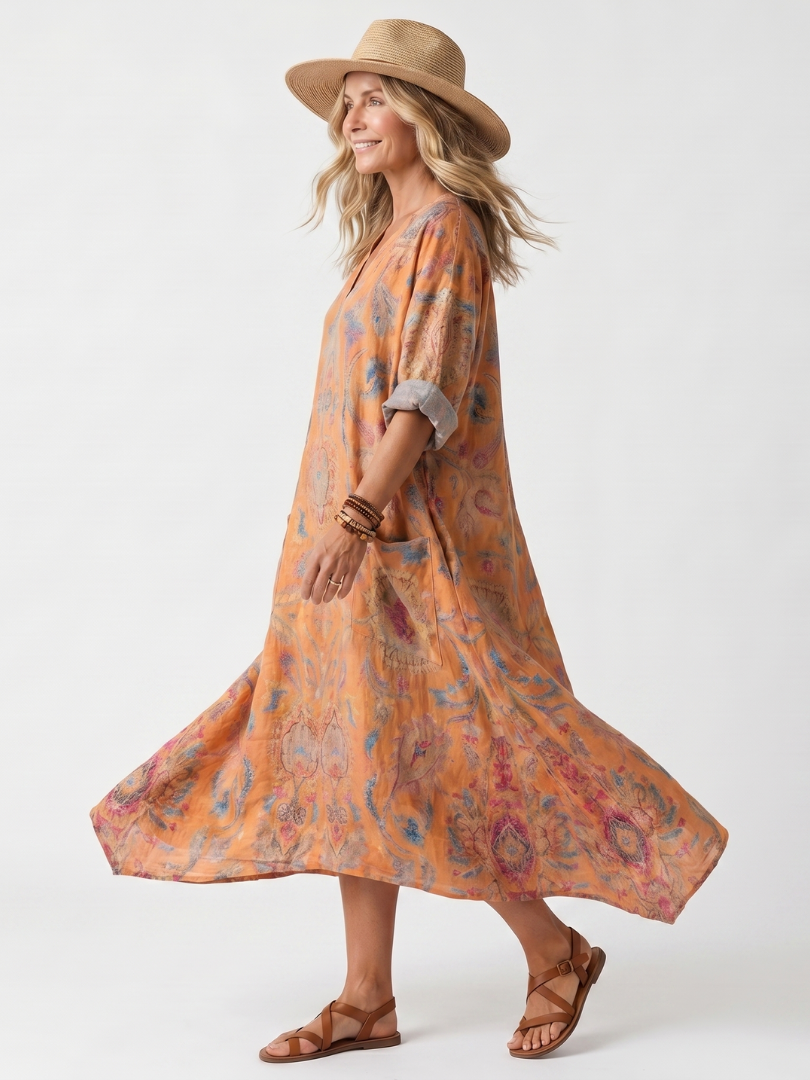 Vestido midi oversize estampado con cuello de solapa y bolsillos