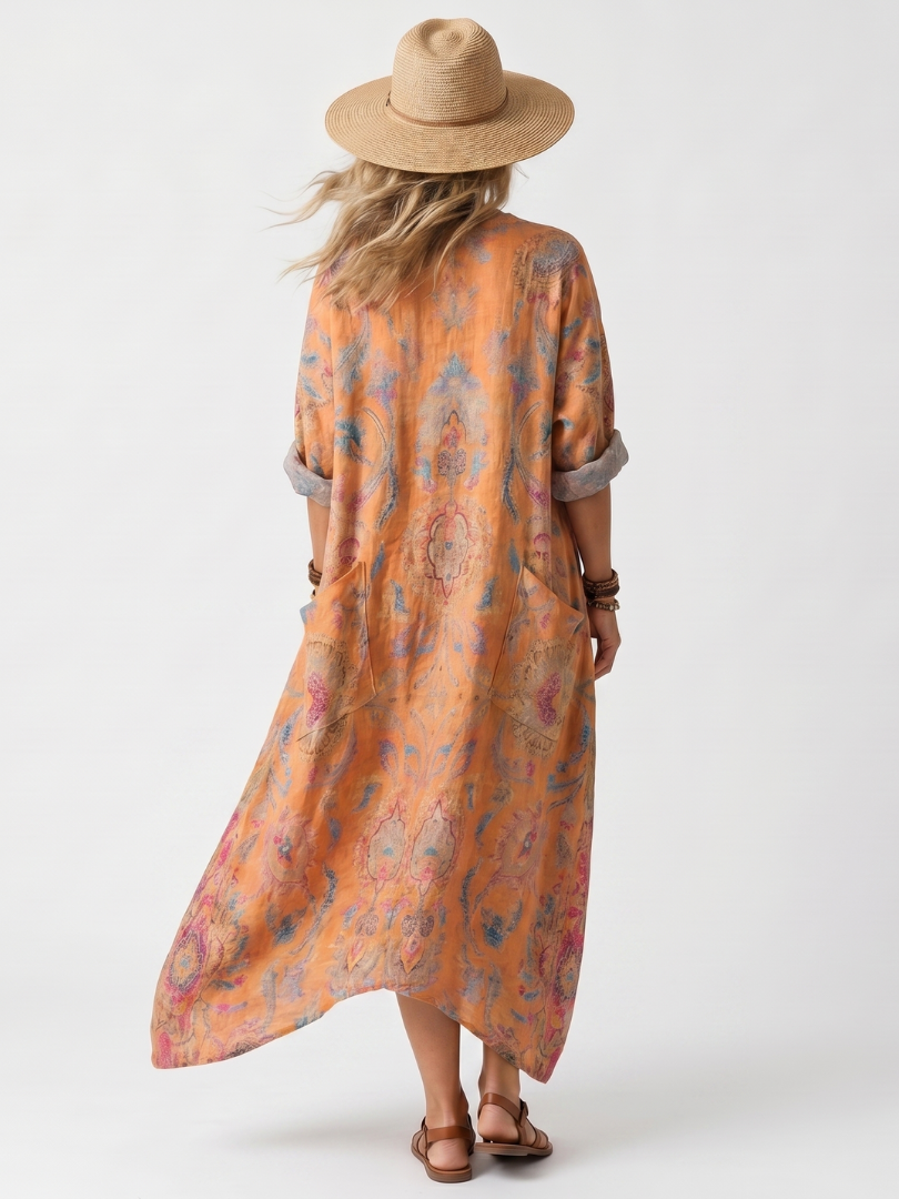 Vestido midi oversize estampado con cuello de solapa y bolsillos
