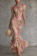 Vestido Largo con Estampado de Rosas Vintage y Mangas Abullonadas
