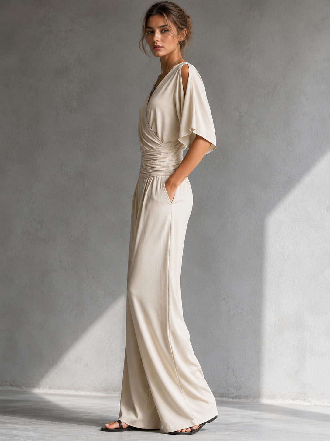 Conjunto elegante con efecto cruzado y pantalón de pierna ancha