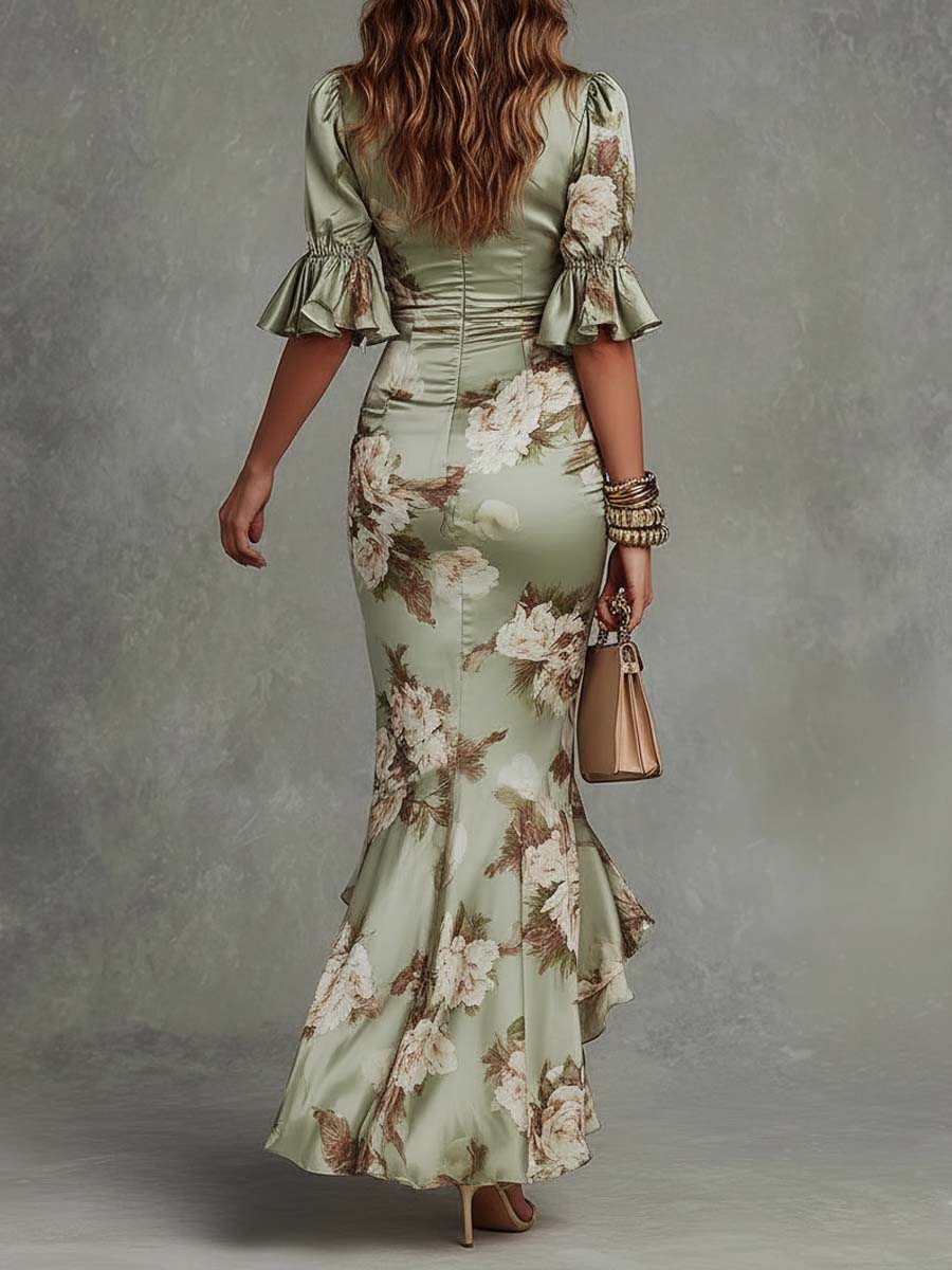 Vestido Largo Asimétrico de Satén Verde con Escote en V