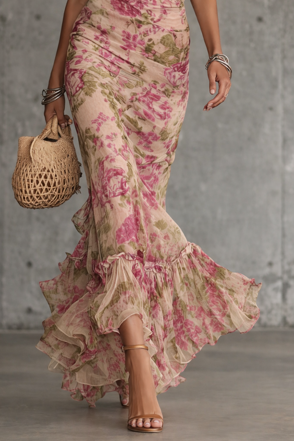 Vestido Largo con Estampado de Rosas Vintage y Mangas Abullonadas