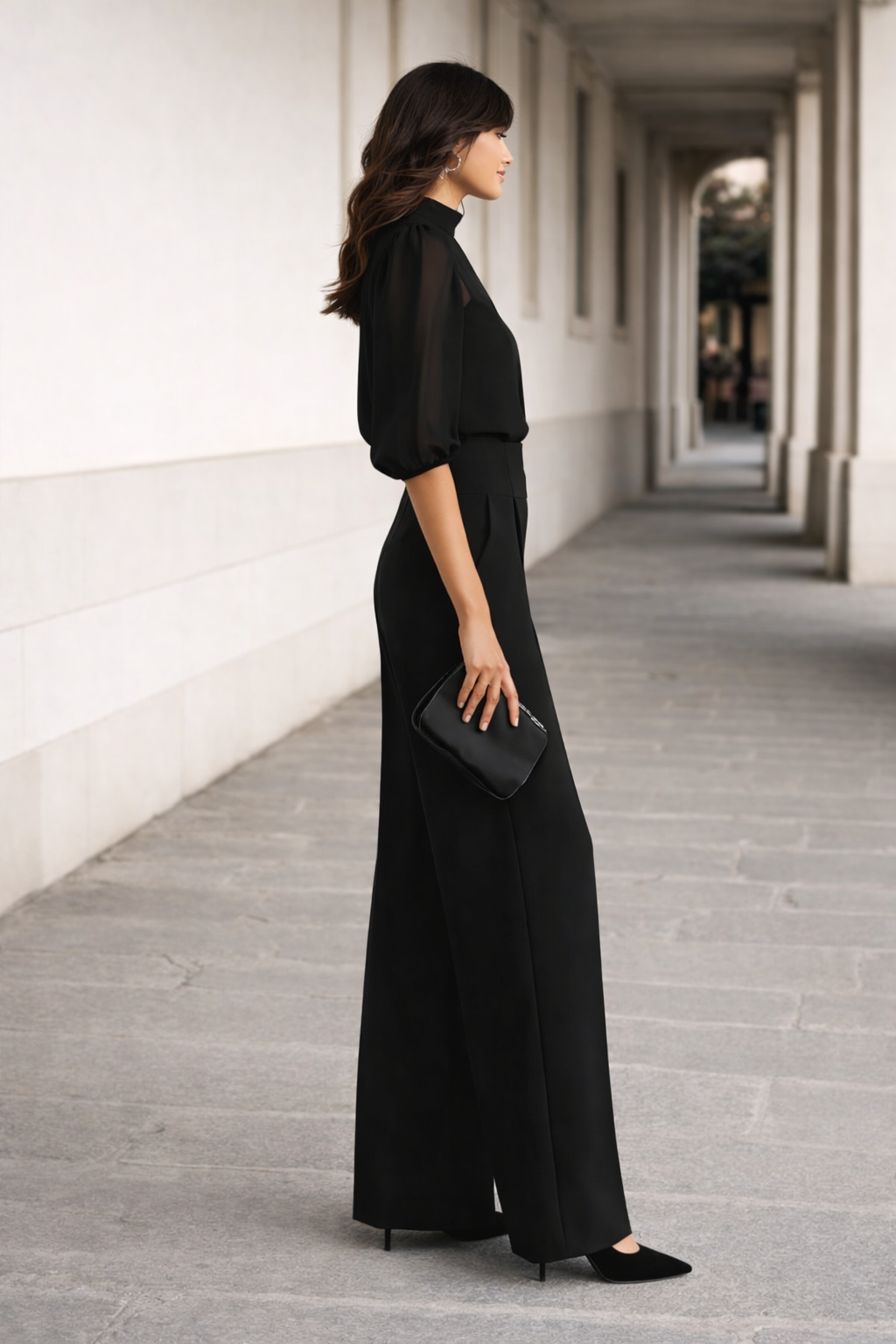 Conjunto de Tres Piezas Compuesto por una Camisola Transparente y Pantalones de Pierna Ancha.