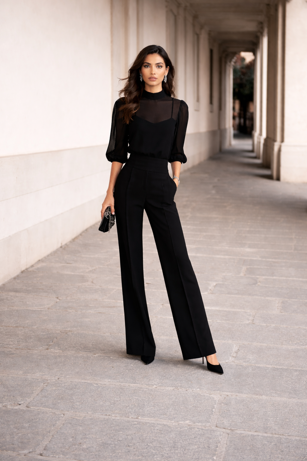 Conjunto de Tres Piezas Compuesto por una Camisola Transparente y Pantalones de Pierna Ancha.