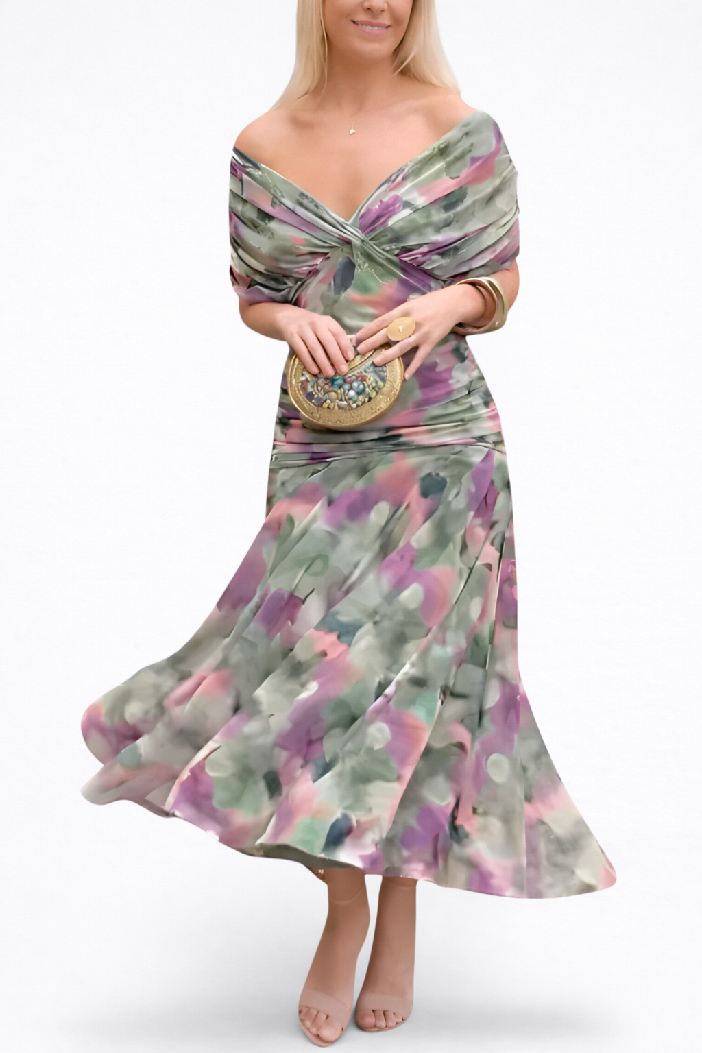 Vestido Floral Largo con Escote en V