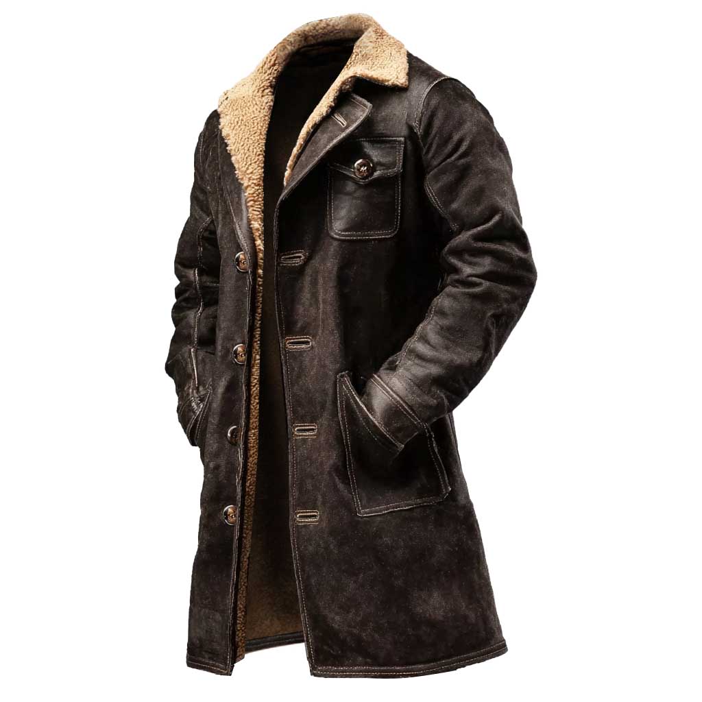 Chaqueta de Cuero Suede Marrón Oscuro con Forro de Piel Sintética para Hombre