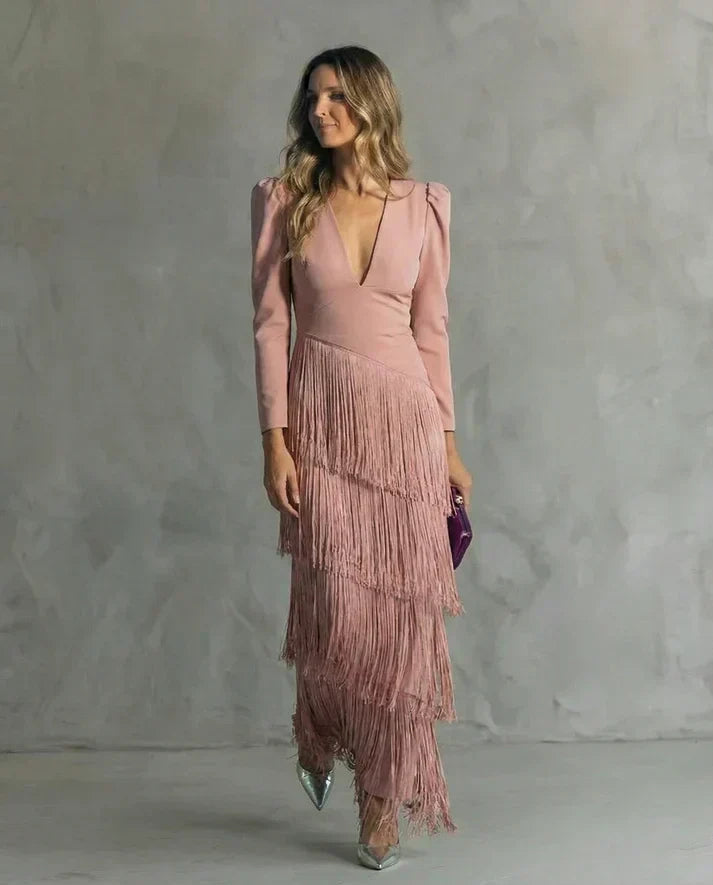 Vestido Elegante con Mangas de Flecos