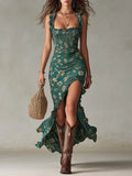 Vestido Maxi Boho Retro con Mangas Fluidas y Abertura Lateral