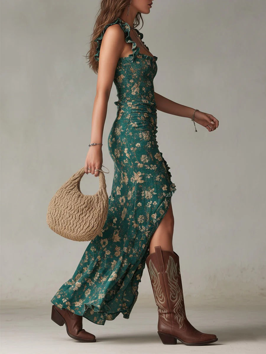 Vestido Maxi Boho Retro con Mangas Fluidas y Abertura Lateral