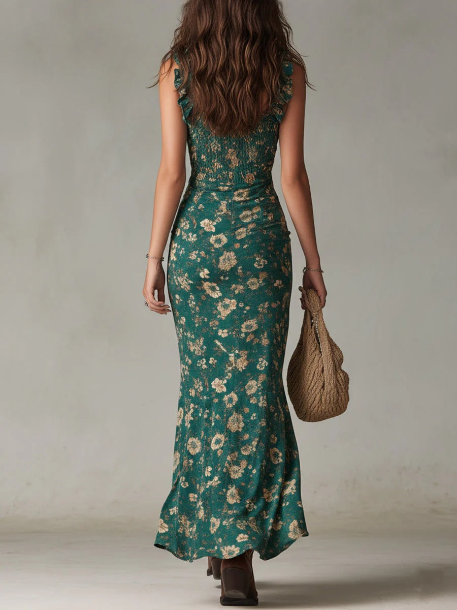 Vestido Maxi Boho Retro con Mangas Fluidas y Abertura Lateral