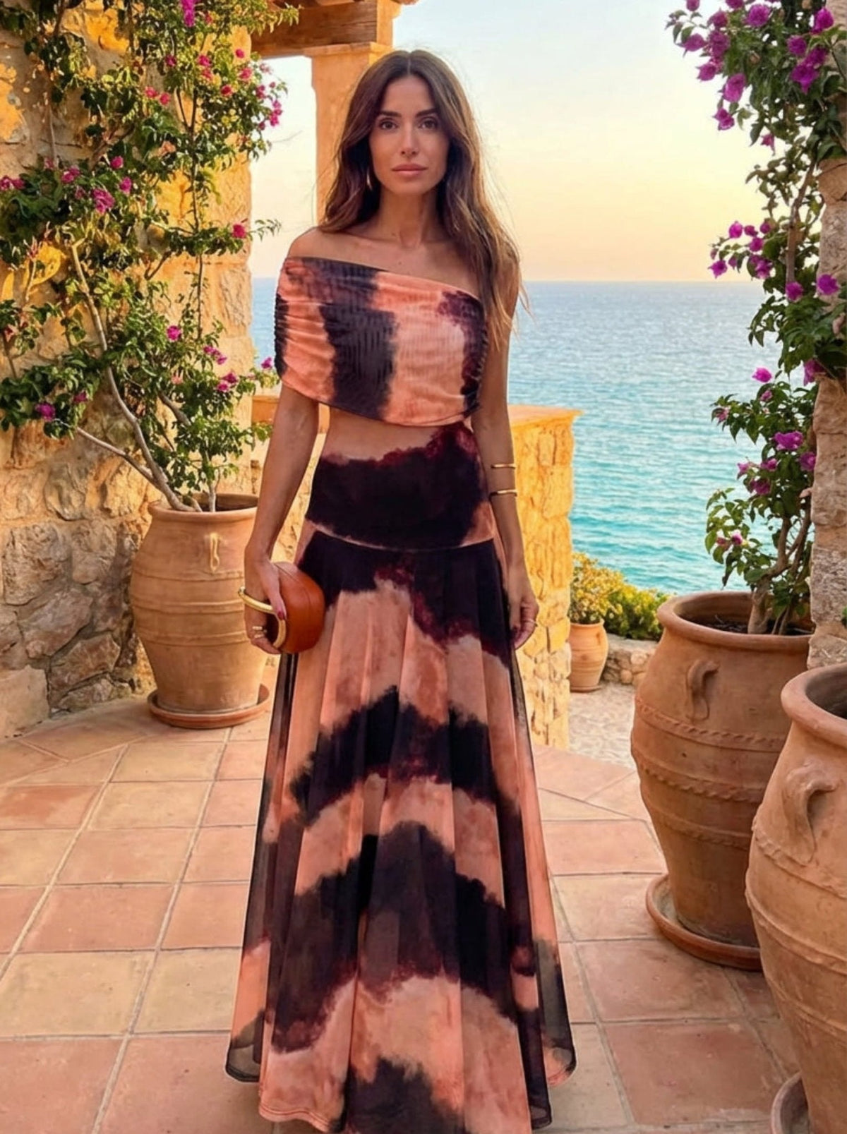 Vestido con estampado naranja y marrón