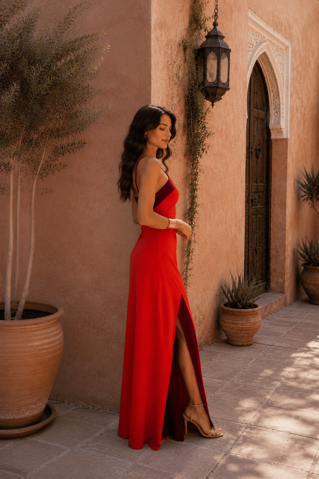 Vestido largo con escote al cuello y abertura