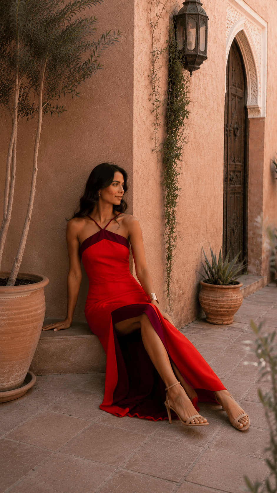 Vestido largo con escote al cuello y abertura