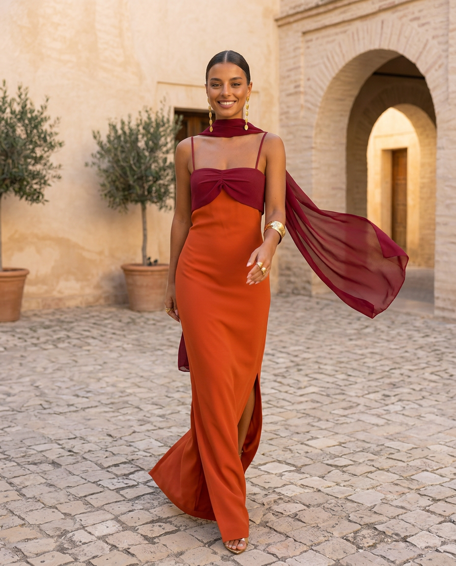 Vestido en Naranja con Escote en Rojo
