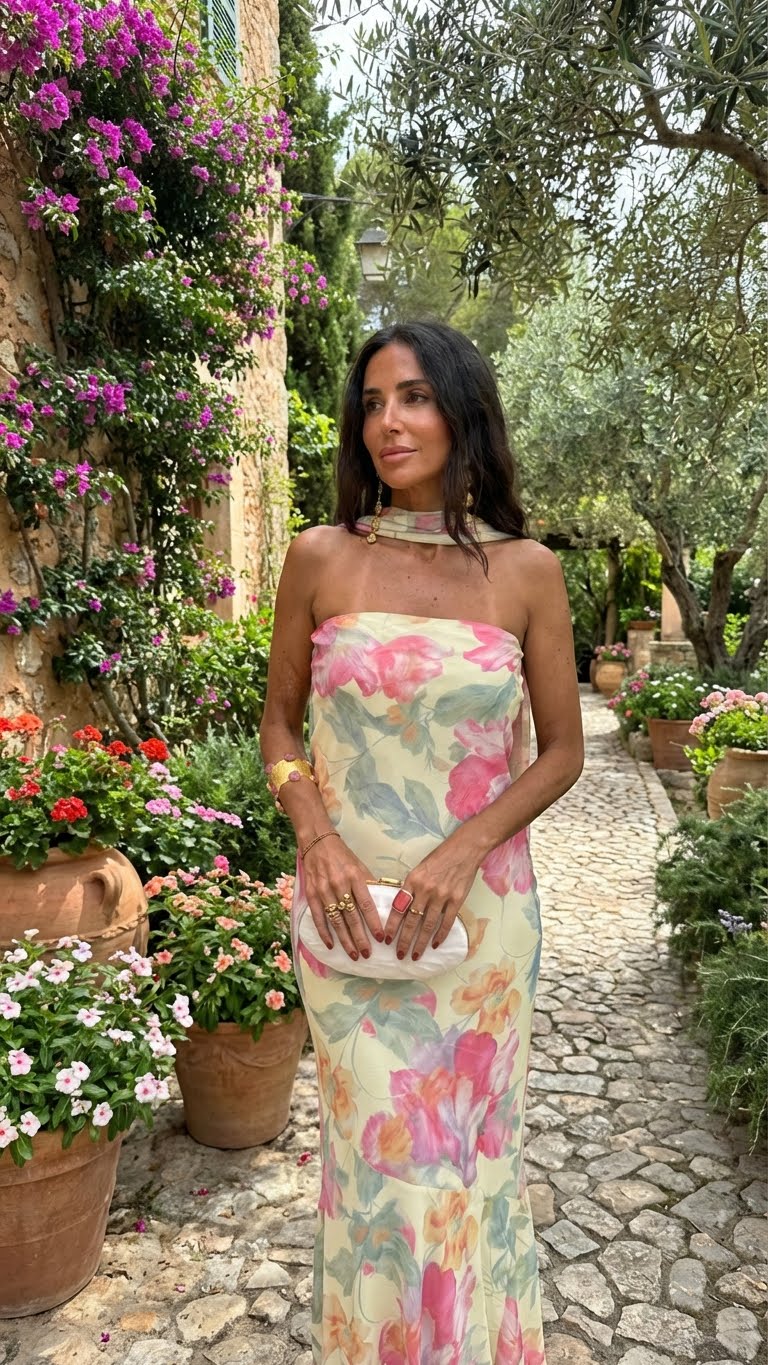 Vestido largo sin tirantes con flores de acuarela