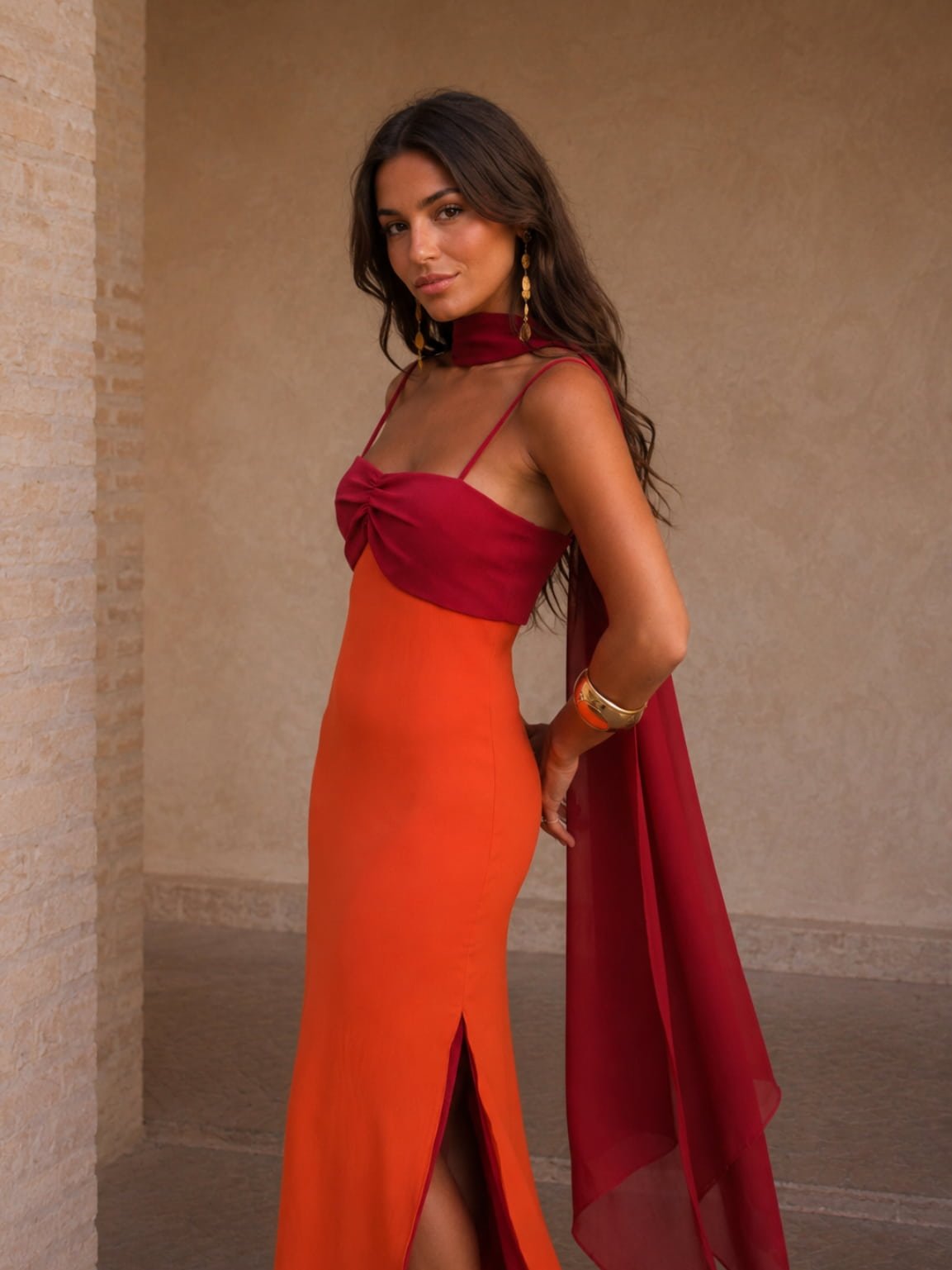 Vestido largo drapeado de dos tonos